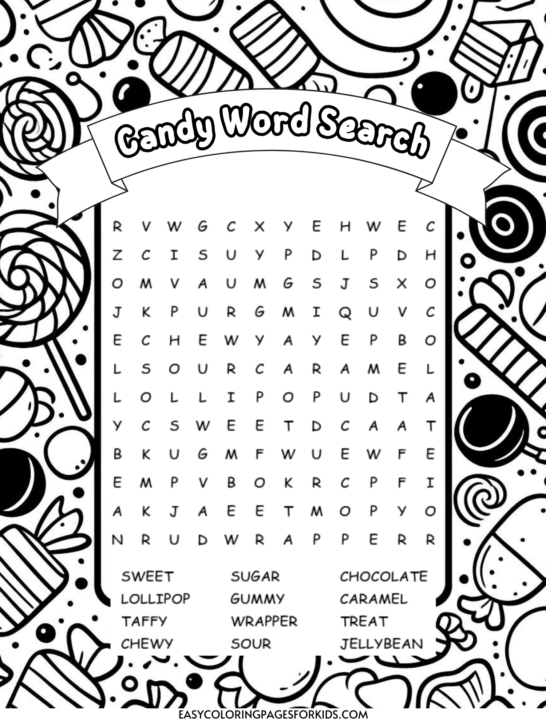 Free Printable Candy Word Search for Kids