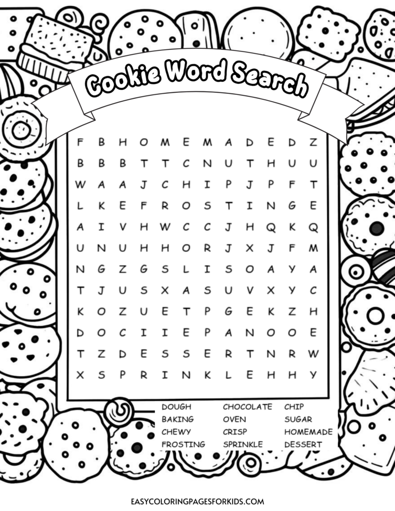 Free Printable Cookie Word Search for Kids - Easy Coloring Pages for Kids