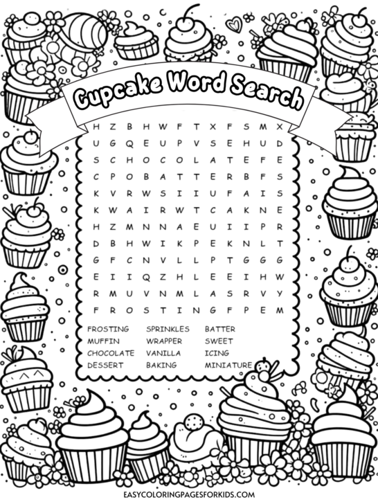 Cupcake Word Search for Kids (Free Printable)