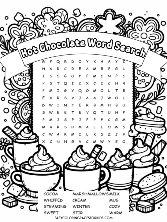 Hot Chocolate Word Search for Kids (Free Printable)