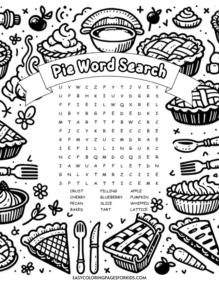 Pie Word Search Printable (Pie Word Search For Kids) - Easy Coloring ...