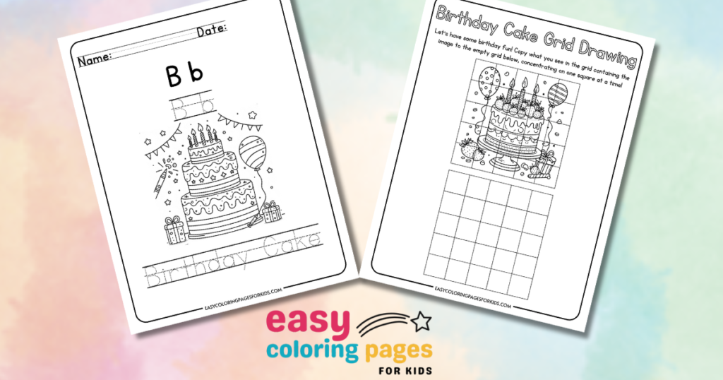 Printable birthday cake coloring and grid drawing pages for kids from Easy Coloring Pages for Kids.