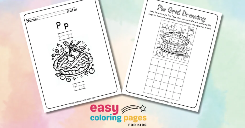 Printable pie-themed coloring and grid drawing worksheets for kids from EasyColoringPagesForKids.com.