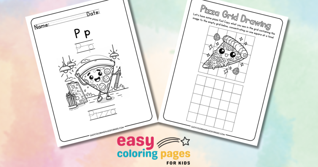 Printable pizza-themed coloring and drawing worksheets for kids from Easy Coloring Pages for Kids.