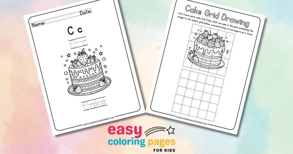 Printable cake coloring and drawing activity pages for kids, featuring a cake illustration for coloring and a grid drawing exercise to copy the cake image.