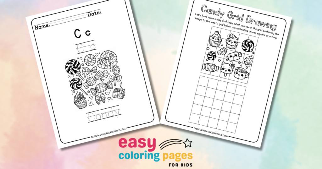 Printable candy-themed coloring and drawing worksheets for kids featuring letter C tracing and grid drawing activities.