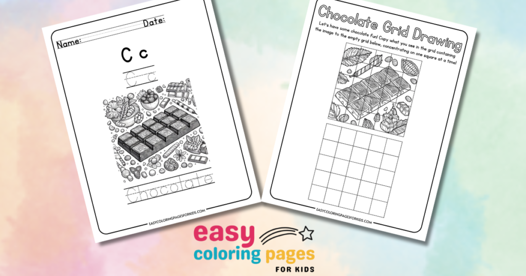 Printable chocolate-themed coloring and drawing worksheets for kids, featuring letter tracing and grid drawing activities.