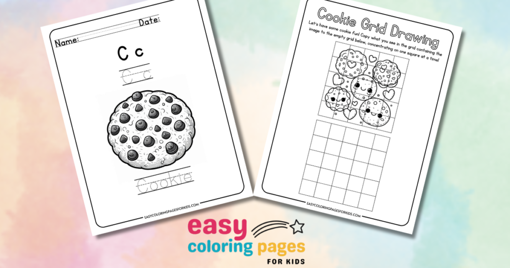 Printable kids coloring pages featuring a cookie drawing and a cookie grid drawing activity from Easy Coloring Pages for Kids.