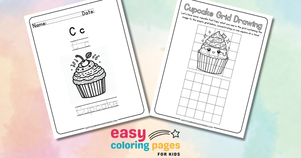 Printable cupcake coloring and drawing worksheets for kids, featuring letter tracing and grid drawing activities from easycoloringpagesforkids.com.