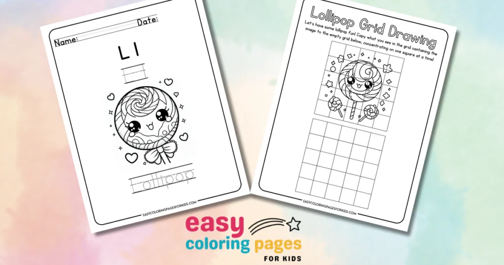 Printable lollipop coloring and grid drawing pages for kids from Easy Coloring Pages for Kids.