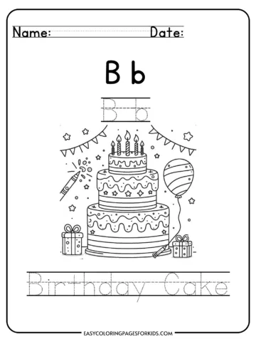 Alphabet coloring page for letter B featuring a birthday cake with candles, a balloon, and presents, designed for kids to learn and practice writing.