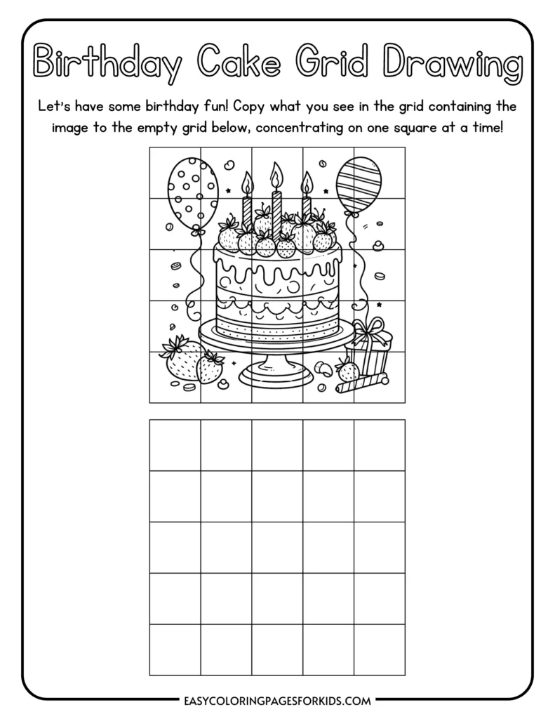 Birthday cake grid drawing worksheet for kids to copy and color.