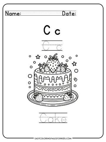 Alphabet coloring page for kids featuring the letter C with a cake illustration and tracing practice.