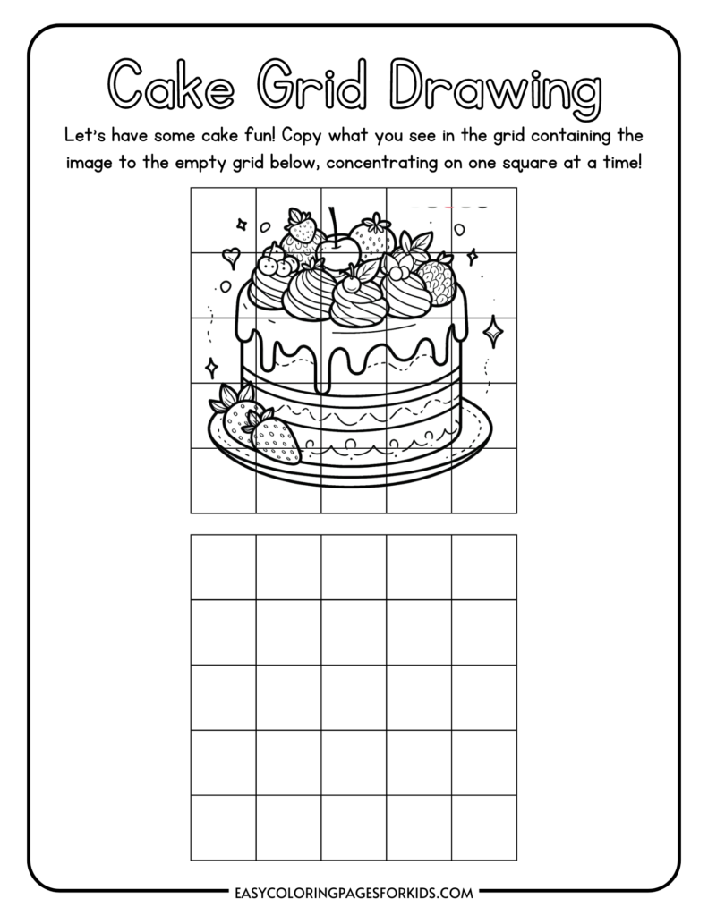 Cake grid drawing activity for kids, featuring a two-tier cake with fruit toppings to be copied into an empty grid below.