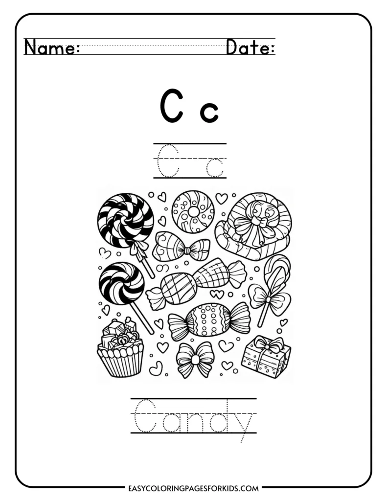 Alphabet coloring page for letter C featuring candies and tracing practice for kids.