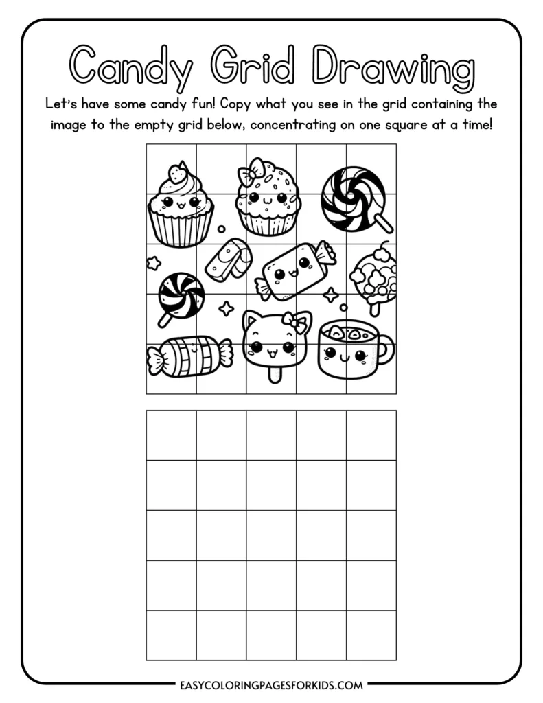 Candy grid drawing activity for kids featuring cute candy illustrations to copy into an empty grid below.