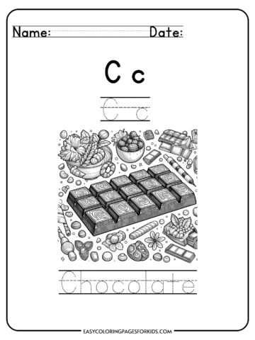 Alphabet coloring page for the letter C featuring chocolate and various sweets, with tracing practice for kids.