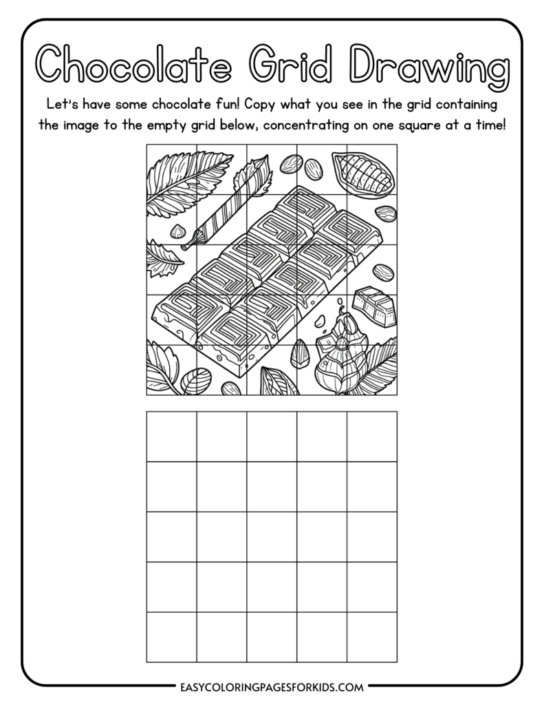 Chocolate grid drawing activity for kids featuring a chocolate bar and cocoa beans, with an empty grid for copying the image one square at a time.