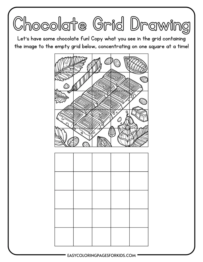 Chocolate grid drawing activity for kids featuring a chocolate bar and cocoa beans, with an empty grid for copying the image one square at a time.