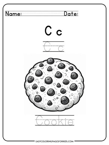 Alphabet coloring page for the letter C featuring a cookie illustration and tracing practice for kids.