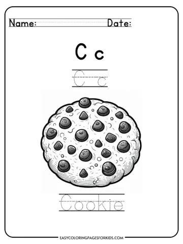 Alphabet coloring page for the letter C featuring a cookie illustration and tracing practice for kids.