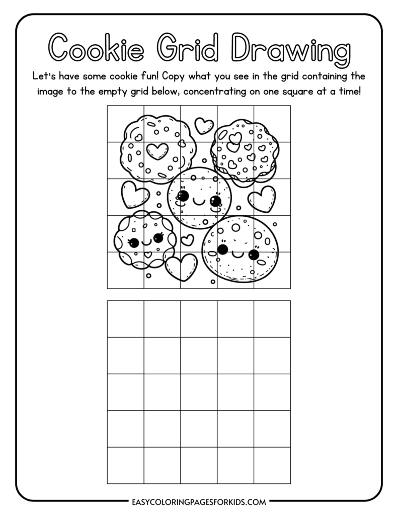 Cookie grid drawing activity for kids, featuring a fun and engaging task to copy cute cookie illustrations from the top grid to the empty grid below.