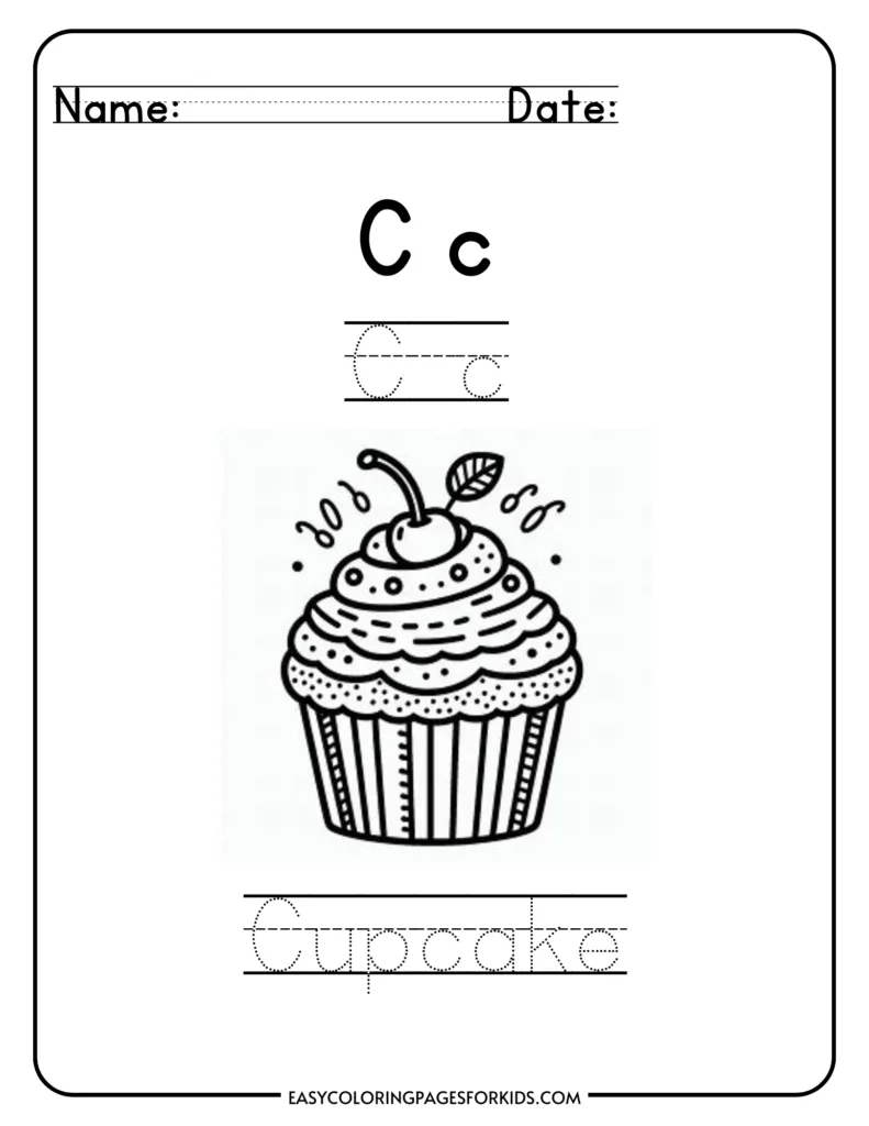 Alphabet tracing worksheet for the letter C with a cupcake illustration.