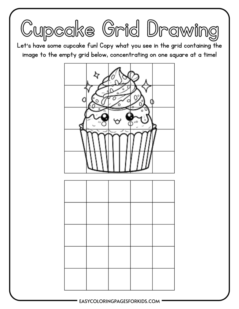 Cupcake grid drawing activity sheet for kids with a cute cupcake illustration to copy into an empty grid below.