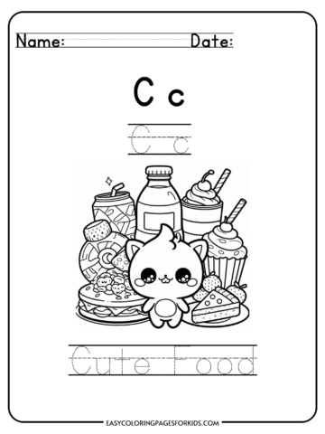 Alphabet coloring page for kids featuring the letter C, various cute food items, and a cartoon cat.