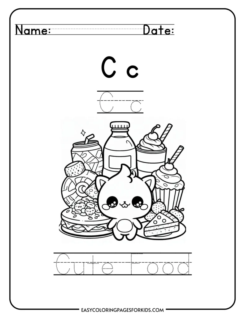 Alphabet coloring page for kids featuring the letter C, various cute food items, and a cartoon cat.