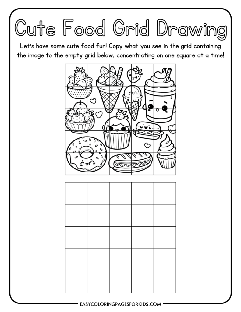 Cute food grid drawing activity for kids featuring ice cream, donuts, cupcakes, and other adorable food items. Copy the image from the top grid to the empty grid below, focusing on one square at a time.