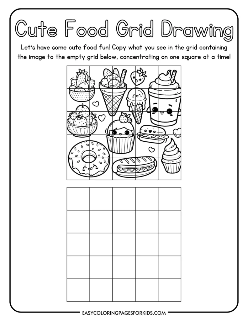 Cute food grid drawing activity for kids featuring ice cream, donuts, cupcakes, and other adorable food items. Copy the image from the top grid to the empty grid below, focusing on one square at a time.