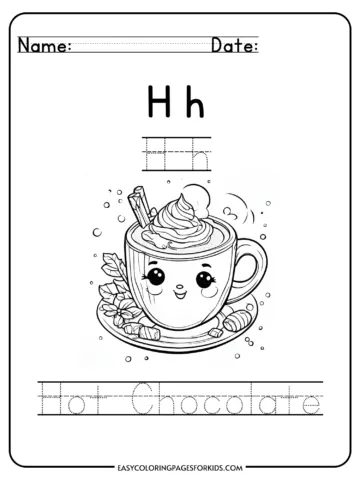 Alphabet coloring page for kids featuring the letter H with a hot chocolate illustration.