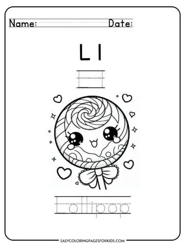 Lollipop coloring page for kids with tracing letters and cute lollipop illustration.