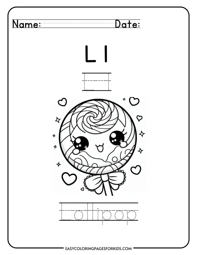 Lollipop coloring page for kids with tracing letters and cute lollipop illustration.