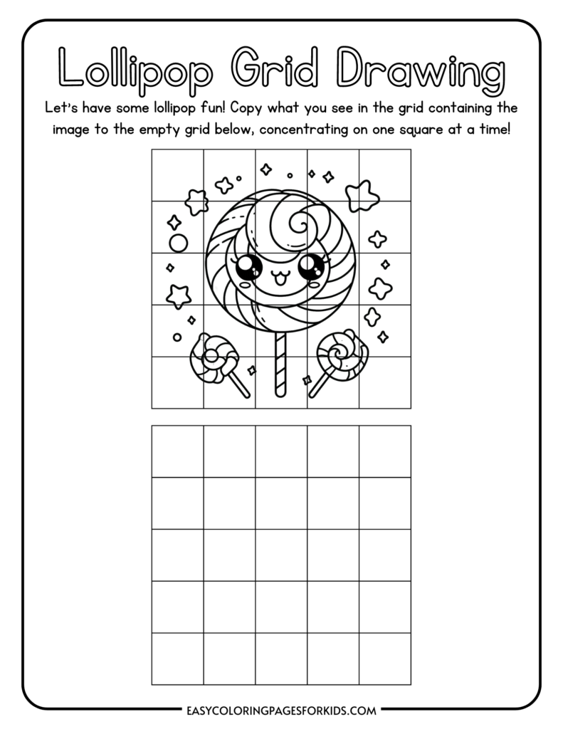 Lollipop grid drawing activity for kids, featuring a cute lollipop illustration to be copied onto an empty grid below.