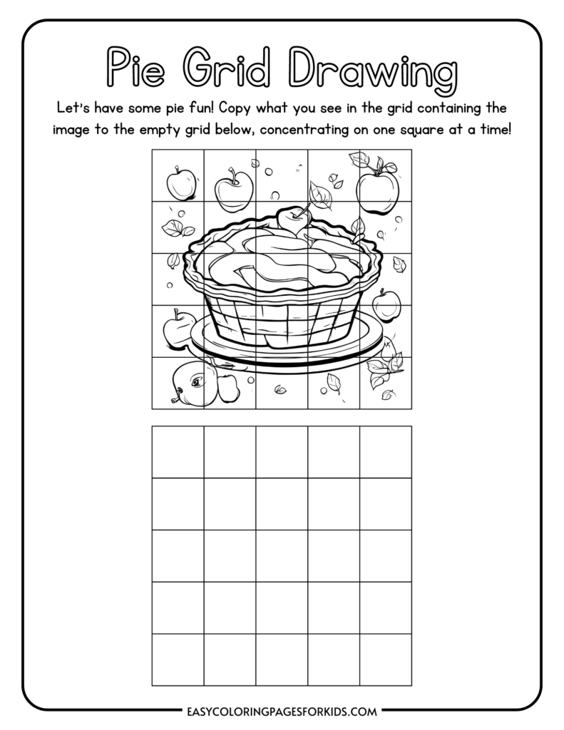 Pie grid drawing activity for kids, featuring a grid with an apple pie illustration and an empty grid for copying the image.