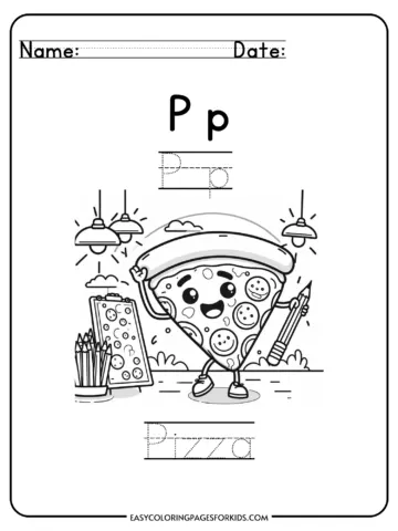 Alphabet coloring page for kids featuring the letter P with a pizza character holding a pencil and art supplies.