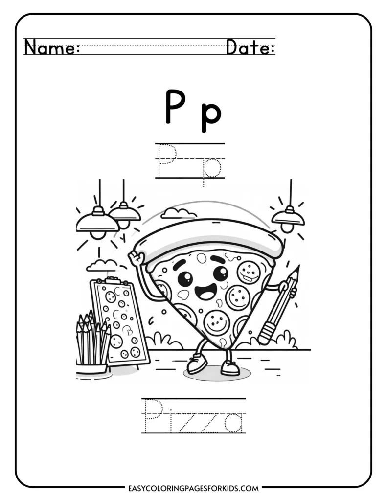 Alphabet coloring page for kids featuring the letter P with a pizza character holding a pencil and art supplies.