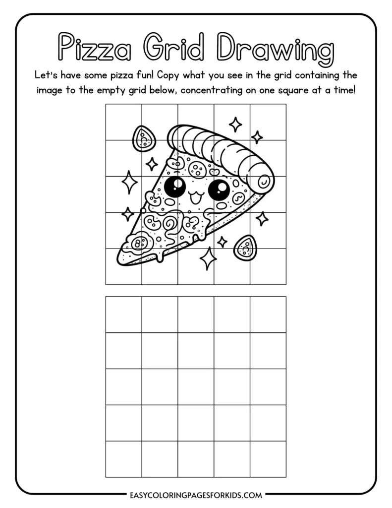 Pizza grid drawing activity for kids with a fun pizza slice to copy into the empty grid below.