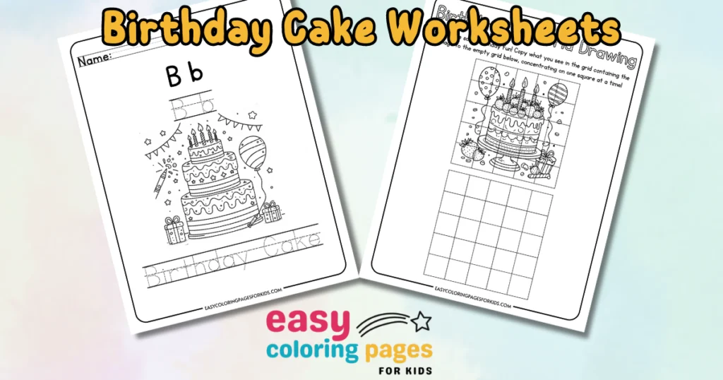 Birthday cake worksheets for kids featuring coloring activities and drawing exercises to enhance learning and creativity. Includes a fun birthday cake illustration and practice for the letter B. Ideal for educational and entertainment purposes.