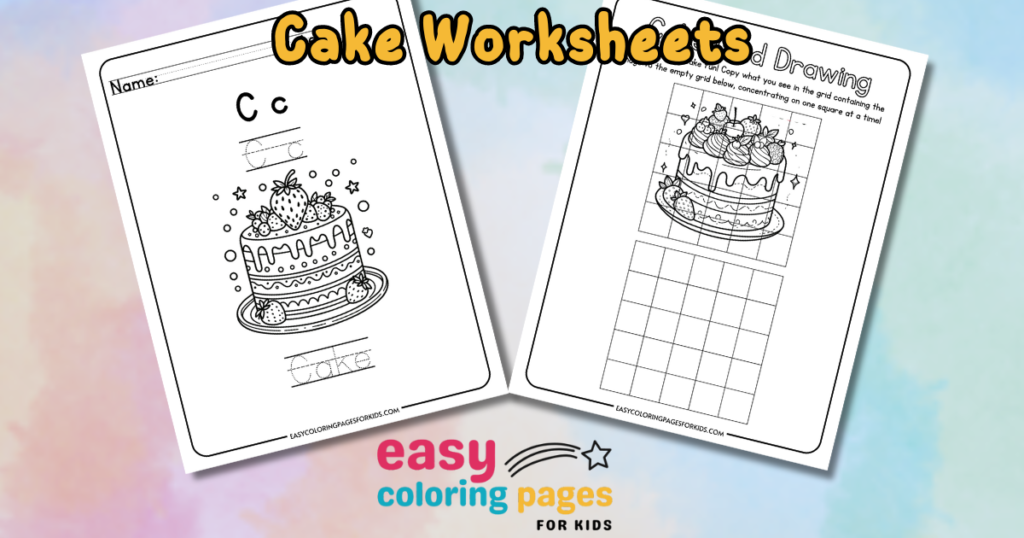 Cute Food Worksheets featuring a cake theme, designed for kids. The left page includes a letter tracing exercise for the letter "C" and the word "cake," accompanied by a cake illustration. The right page contains a grid drawing activity where children can replicate a cake image. Ideal for educational and creative development.