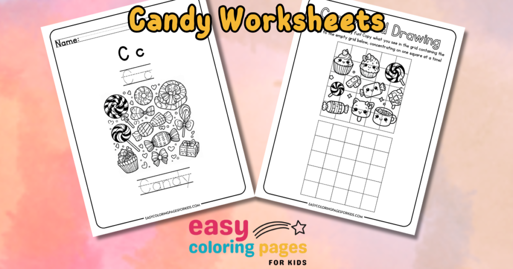 Candy-themed educational worksheets for kids featuring letter tracing and drawing activities. The left page includes illustrations of various candies and the letter "C," while the right page provides a grid for copying candy images. Ideal for enhancing fine motor skills and letter recognition.