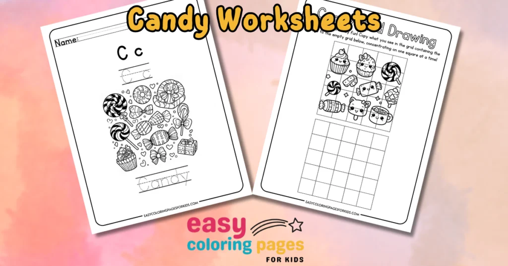 Candy-themed educational worksheets for kids featuring letter tracing and drawing activities. The left page includes illustrations of various candies and the letter "C," while the right page provides a grid for copying candy images. Ideal for enhancing fine motor skills and letter recognition.