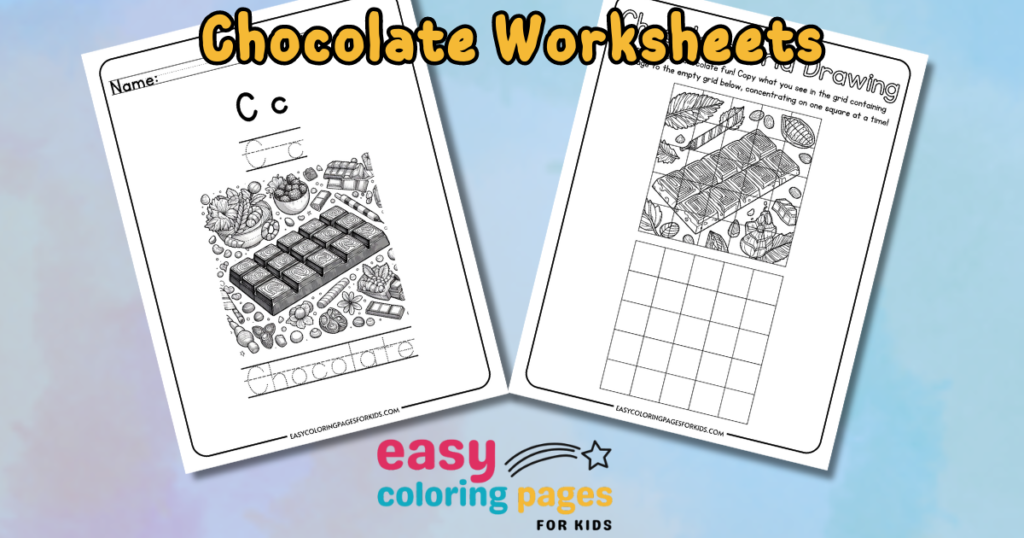 Cute Food worksheets featuring chocolate-themed activities for kids, including a letter tracing page and a drawing grid. Ideal for enhancing creativity and learning.