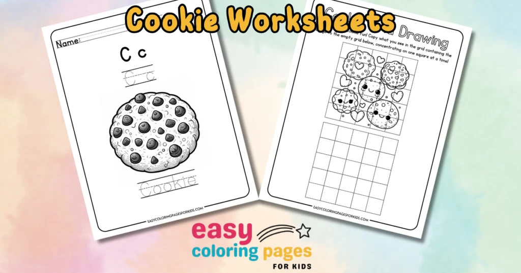 Cookie-themed worksheets for kids featuring a coloring page of a cookie and a drawing activity. Ideal for early childhood education, these worksheets help children learn the letter "C" while engaging in fun activities. Perfect for home or classroom use.