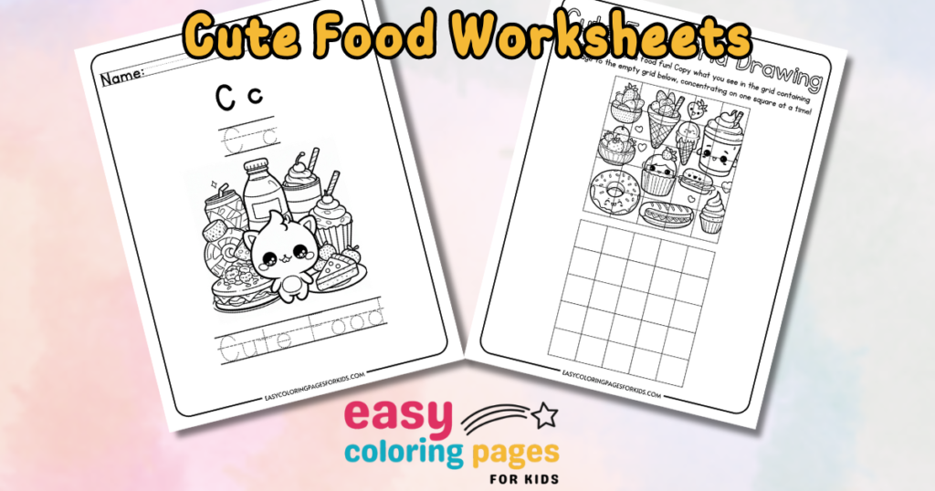 Cute food worksheets for kids featuring a coloring page with adorable food characters and a drawing activity for enhancing creativity. Ideal for early learners to practice writing and drawing skills.