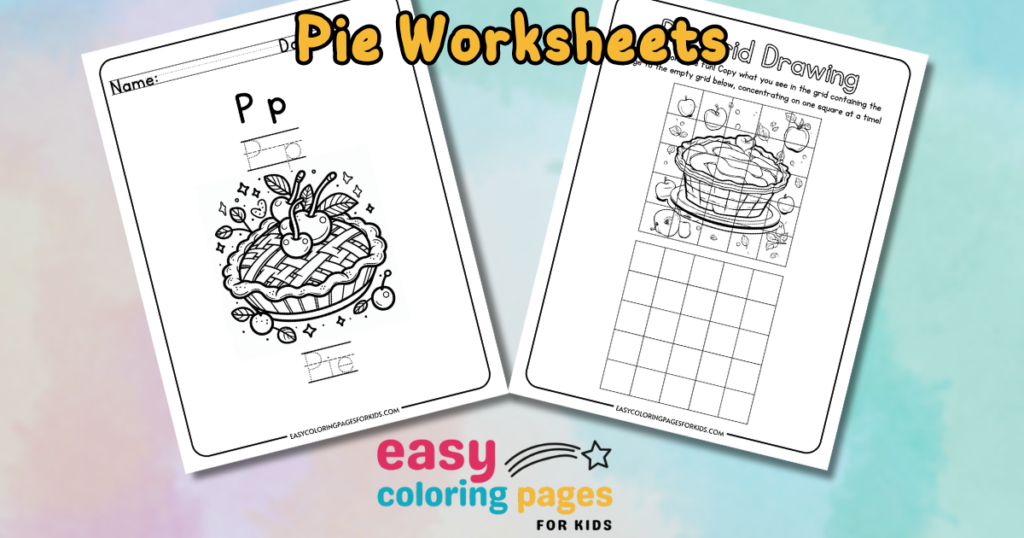 Pie-themed educational worksheets for kids featuring a coloring page of a pie and a grid drawing activity. Ideal for enhancing letter recognition and fine motor skills.