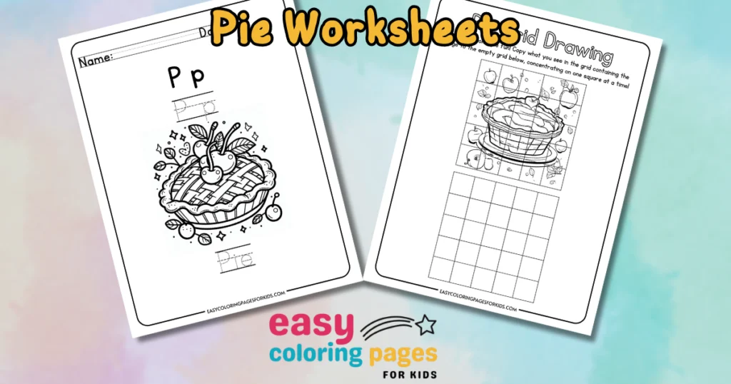 Pie-themed educational worksheets for kids featuring a coloring page of a pie and a grid drawing activity. Ideal for enhancing letter recognition and fine motor skills.