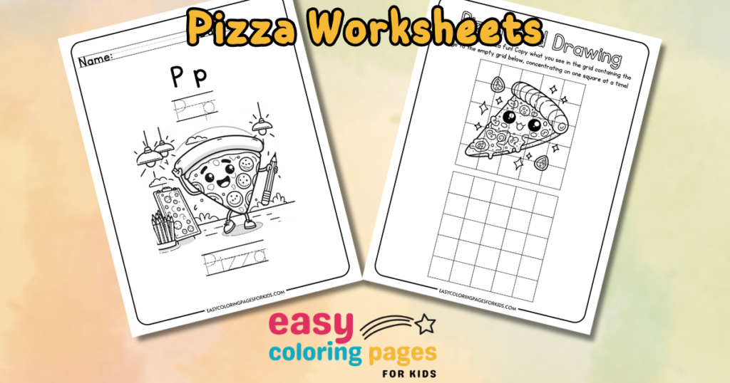 Pizza-themed worksheets for kids featuring a fun coloring activity and a drawing exercise. The left page includes the letter 'P' and a cartoon pizza character, while the right page provides a grid for kids to copy what they see. Ideal for educational use and enhancing creativity.